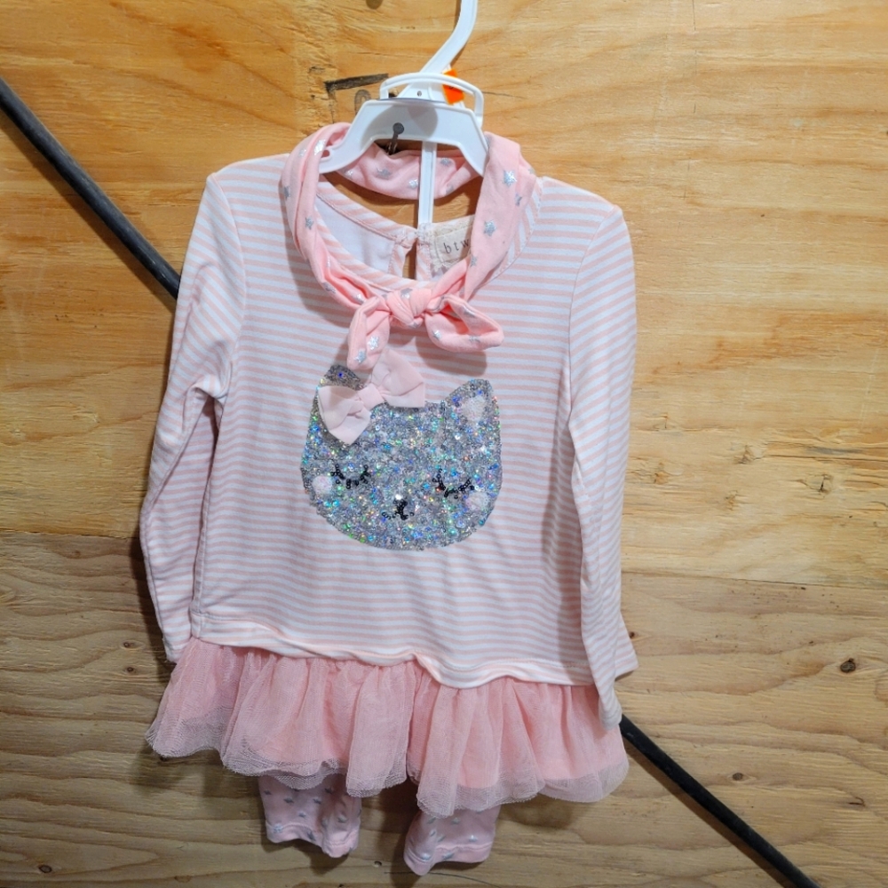 24 months Pink ruffled top & pants set with headband, sequin cat design in euc